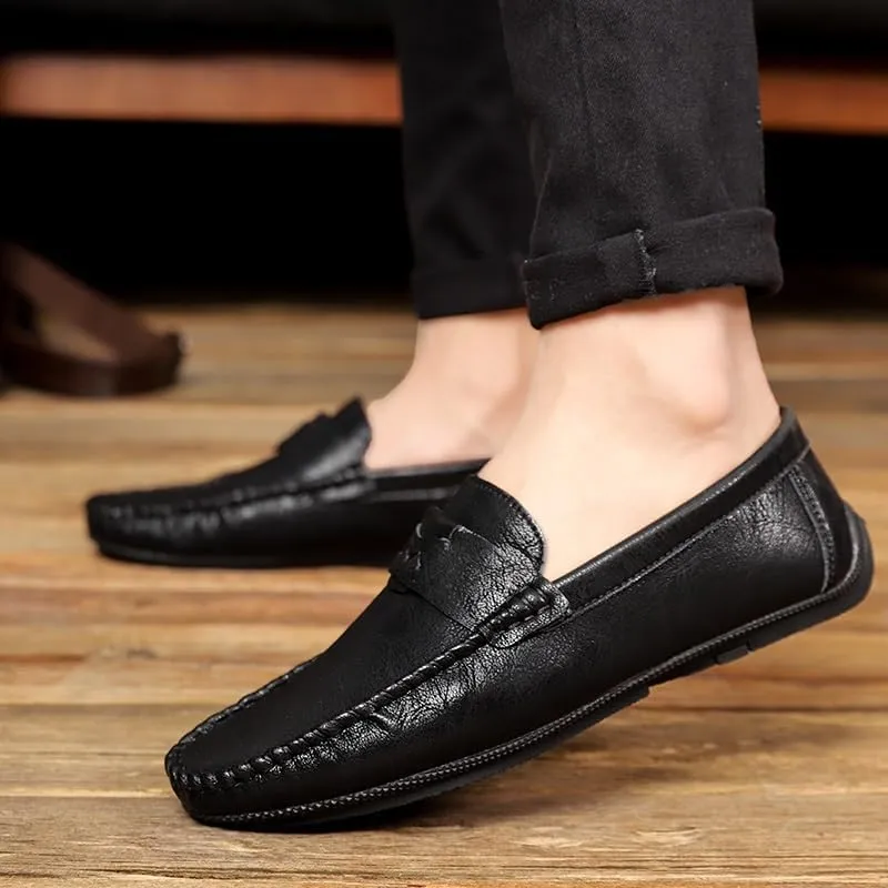 New Mens Loafers Shoe Solid Color Round Toe Vegan Leather Flat Heel Flexible Anti-Slip Wedding Slip On