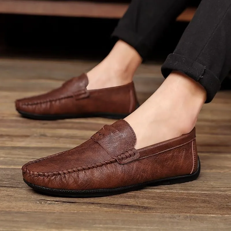 New Mens Loafers Shoe Solid Color Round Toe Vegan Leather Flat Heel Flexible Anti-Slip Wedding Slip On