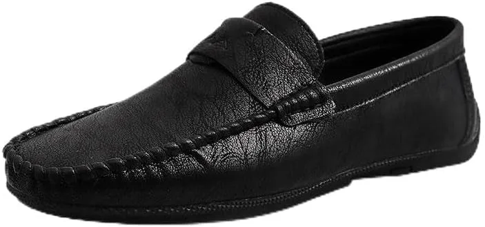 New Mens Loafers Shoe Solid Color Round Toe Vegan Leather Flat Heel Flexible Anti-Slip Wedding Slip On