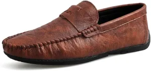 New Mens Loafers Shoe Solid Color Round Toe Vegan Leather Flat Heel Flexible Anti-Slip Wedding Slip On