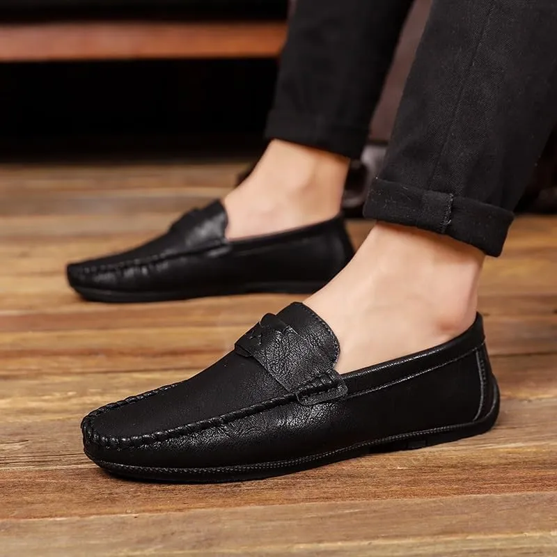 New Mens Loafers Shoe Solid Color Round Toe Vegan Leather Flat Heel Flexible Anti-Slip Wedding Slip On