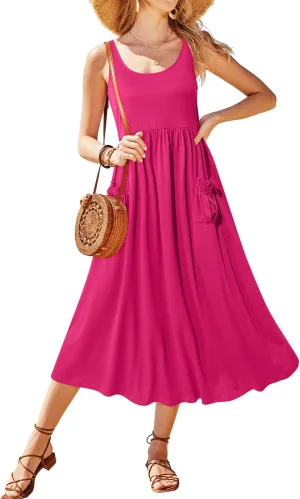 Newshows Summer Dresses for Women 2024 Spring Sun Dress Casual Beach Vacation Outfits Hawaiian Tropical Sleeveless Maxi Hot Pink Long Dresses with Pockets(Rose Red, Medium)