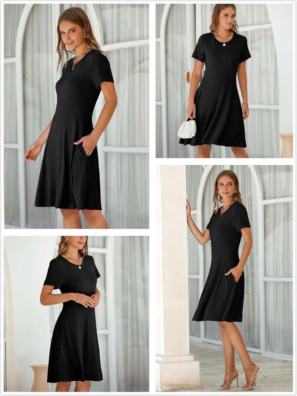 Newshows Womens 2025 Summer Dresses Short Sleeve Ribbed Knit A-Line Swing Beach Vacation Outfits Casual Sundress with Pockets