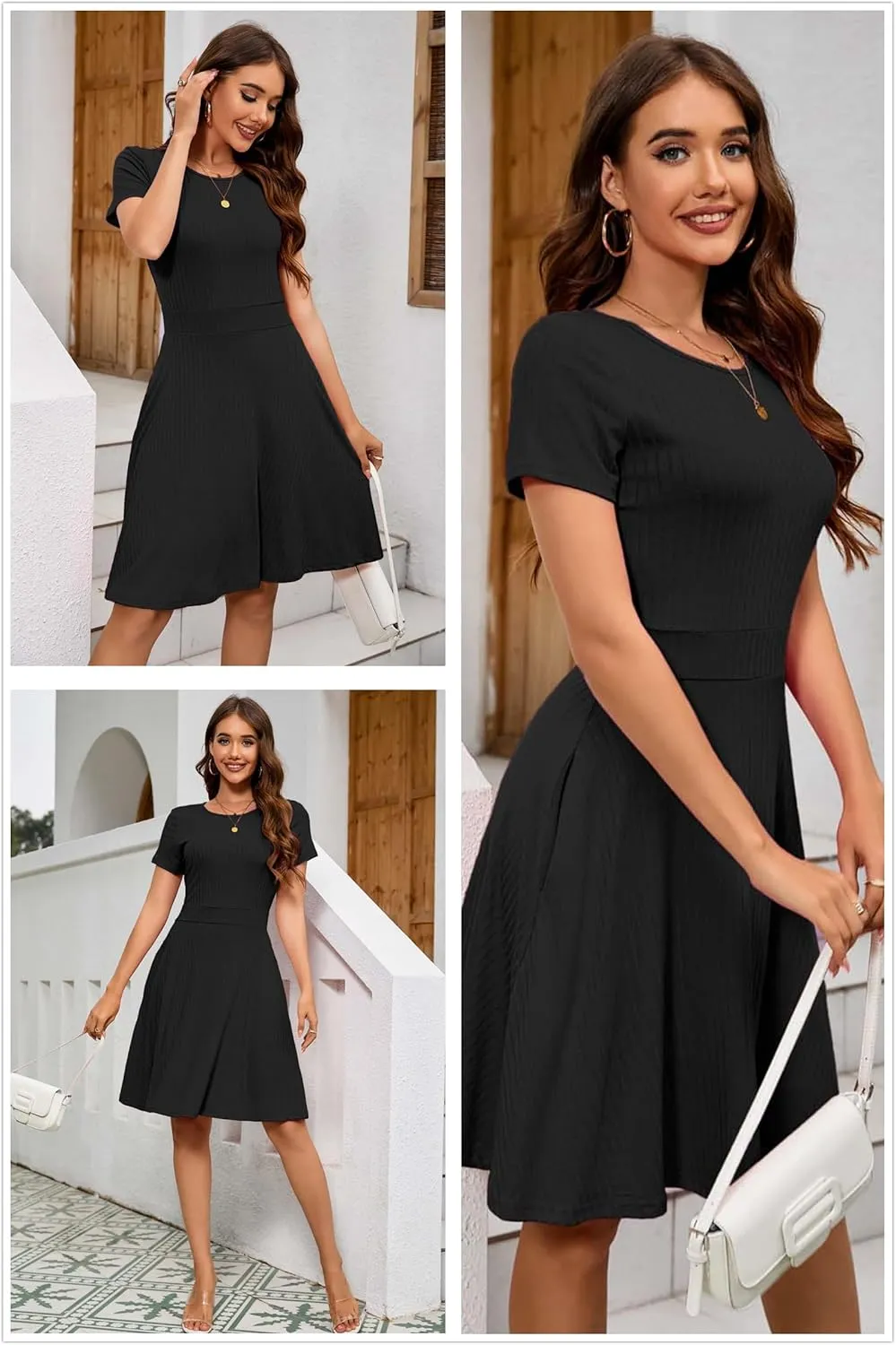Newshows Womens 2025 Summer Dresses Short Sleeve Ribbed Knit A-Line Swing Beach Vacation Outfits Casual Sundress with Pockets