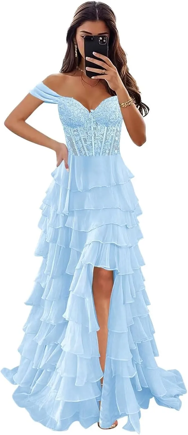 Off The Shoulder Prom Dresses for Women 2025 Long Lace Appliques Tiered Chiffon Formal Dress with Slit