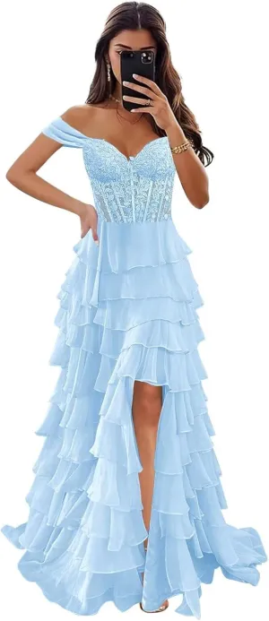 Off The Shoulder Prom Dresses for Women 2025 Long Lace Appliques Tiered Chiffon Formal Dress with Slit