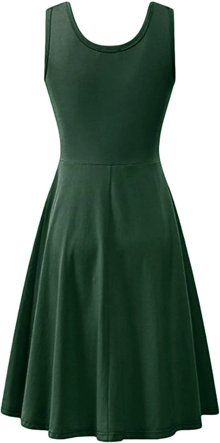 OMZIN Women's Sleeveless Midi Dress Casual Flared Tank Dress Solid Color Cotton Skater Swing Dresses