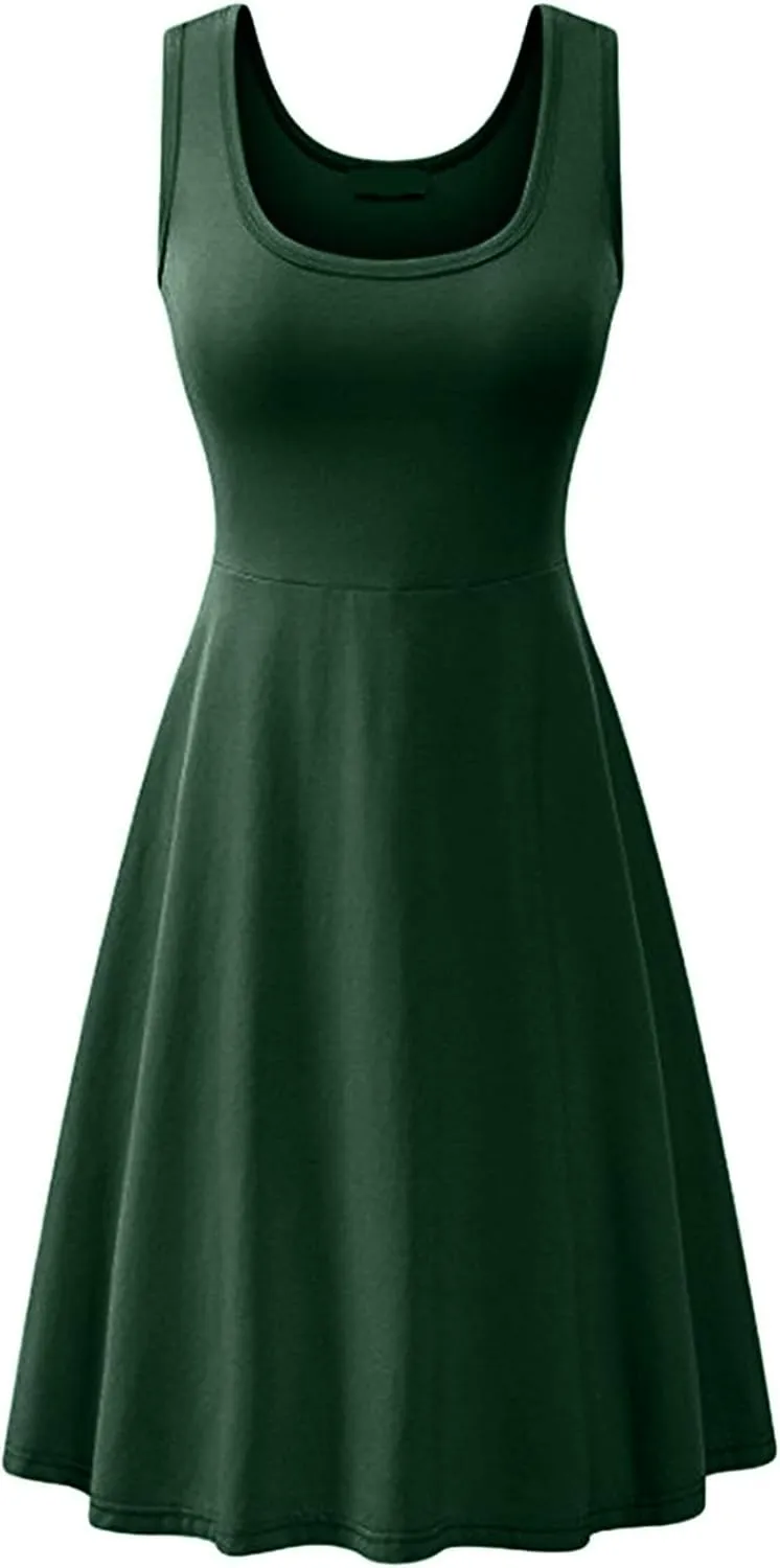OMZIN Women's Sleeveless Midi Dress Casual Flared Tank Dress Solid Color Cotton Skater Swing Dresses