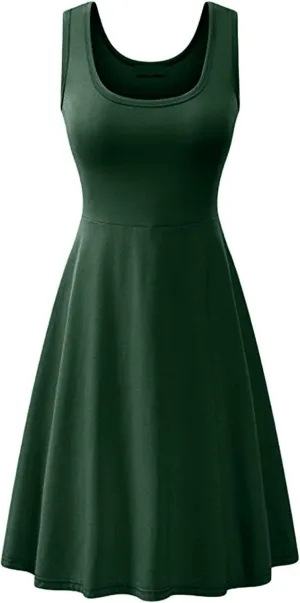 OMZIN Women's Sleeveless Midi Dress Casual Flared Tank Dress Solid Color Cotton Skater Swing Dresses