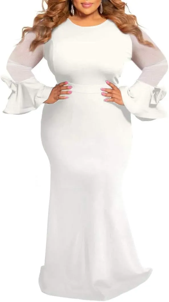 Patchwork Fashion Mesh Women Dress Plus Sleeve Long Casual Solid Size O-Neck Plus Size Dress Casual Skirts for