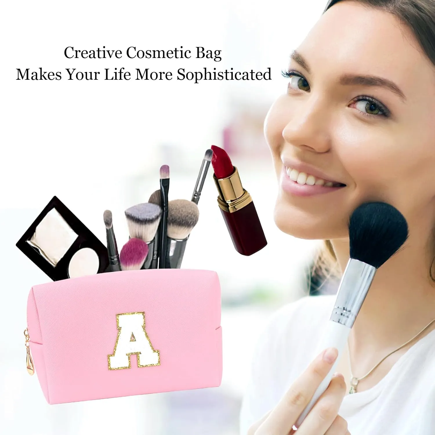 Personalized Initial A-Z PU Cosmetic Bag Zipper Wide Open Makeup Pouch Travel Stuff Bag with Chenille Letter Patch Large Travel Toiletry Organizer Bag for Women (M, Pink)