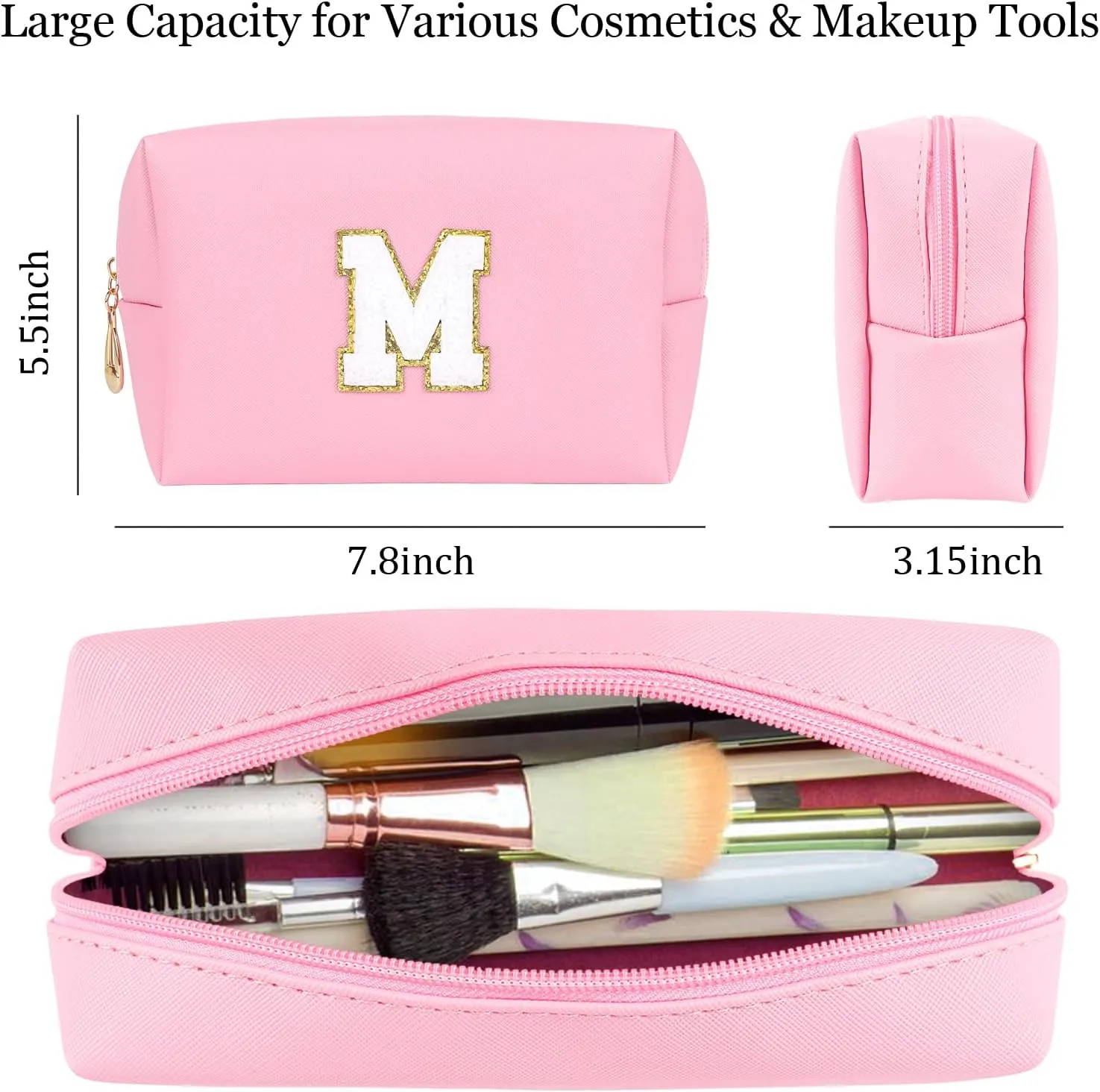 Personalized Initial A-Z PU Cosmetic Bag Zipper Wide Open Makeup Pouch Travel Stuff Bag with Chenille Letter Patch Large Travel Toiletry Organizer Bag for Women (M, Pink)