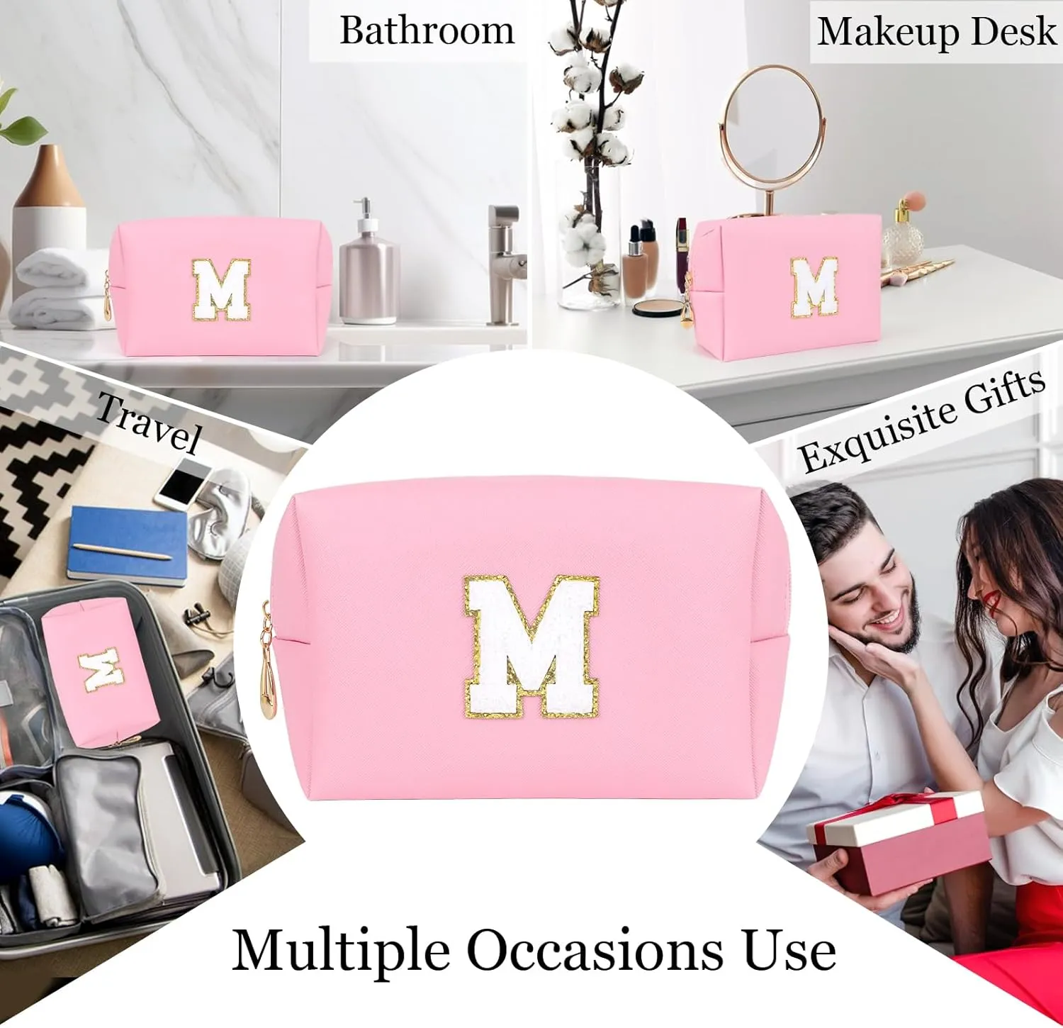 Personalized Initial A-Z PU Cosmetic Bag Zipper Wide Open Makeup Pouch Travel Stuff Bag with Chenille Letter Patch Large Travel Toiletry Organizer Bag for Women (M, Pink)
