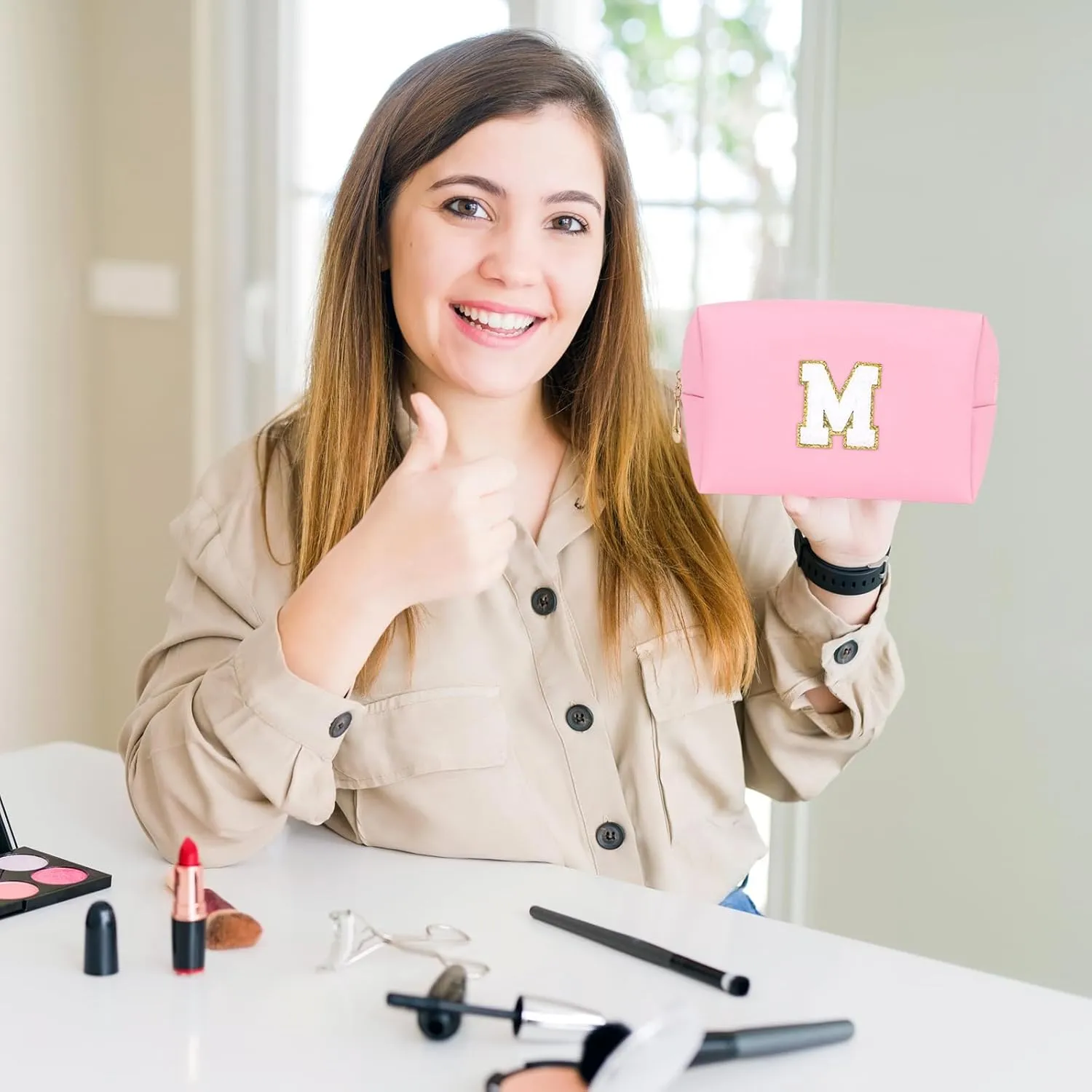 Personalized Initial A-Z PU Cosmetic Bag Zipper Wide Open Makeup Pouch Travel Stuff Bag with Chenille Letter Patch Large Travel Toiletry Organizer Bag for Women (M, Pink)