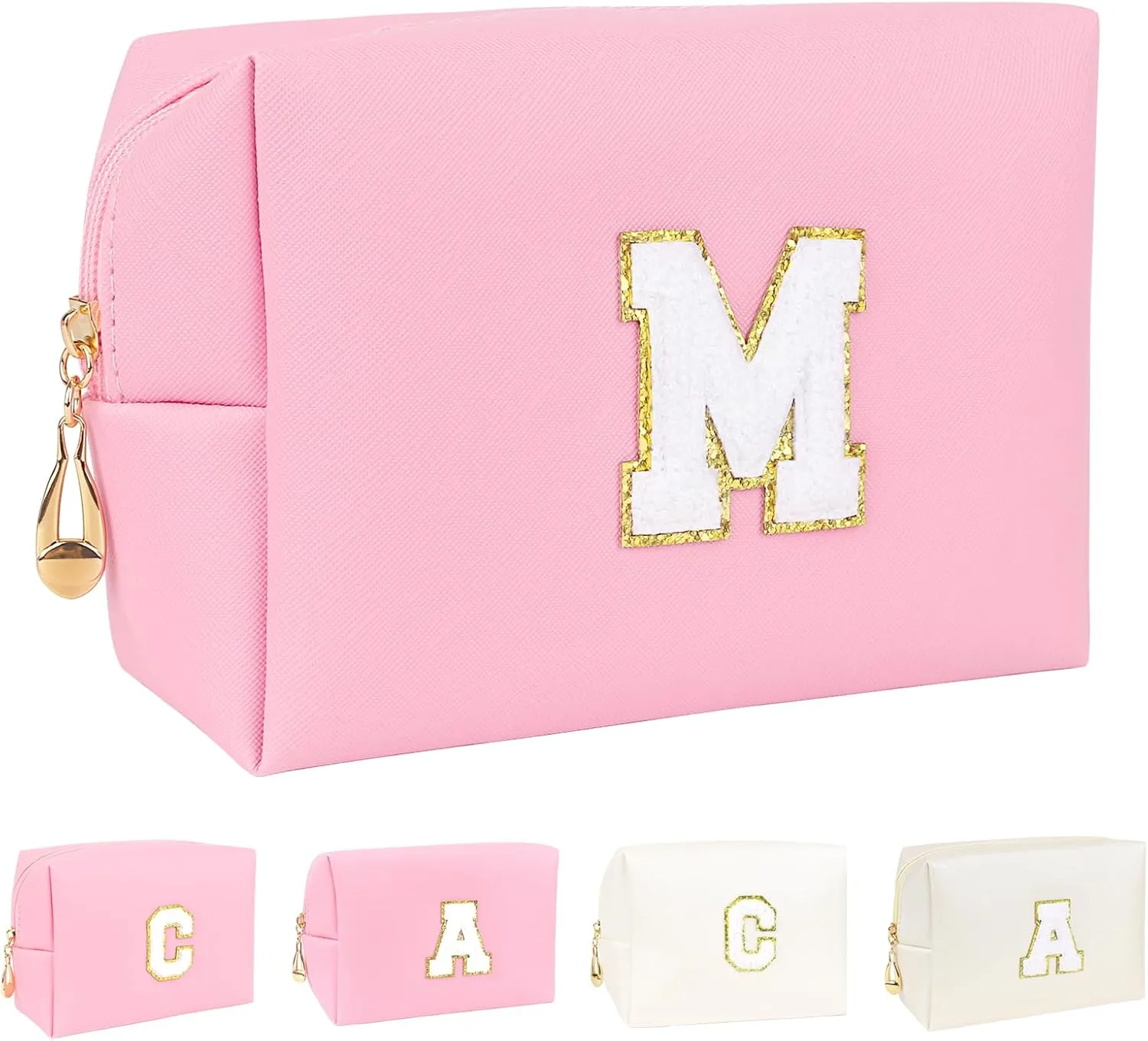 Personalized Initial A-Z PU Cosmetic Bag Zipper Wide Open Makeup Pouch Travel Stuff Bag with Chenille Letter Patch Large Travel Toiletry Organizer Bag for Women (M, Pink)