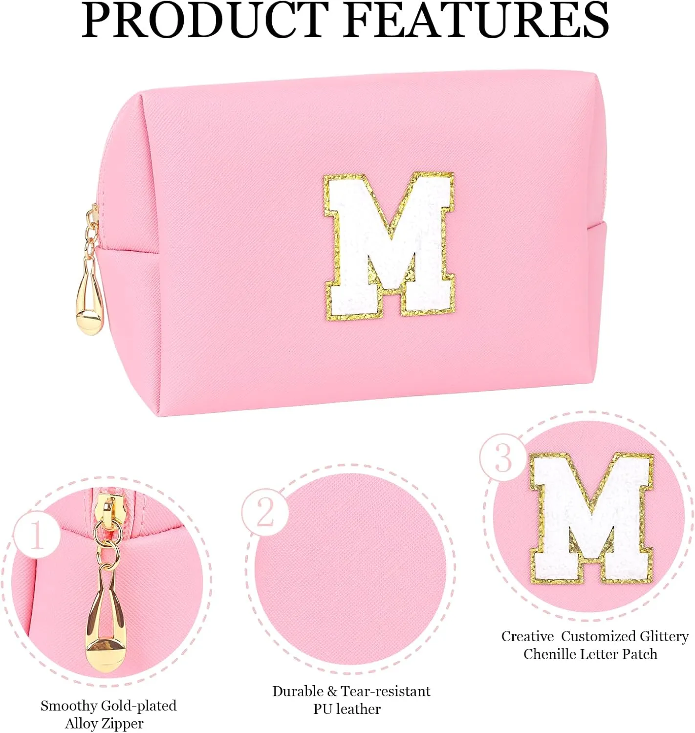 Personalized Initial A-Z PU Cosmetic Bag Zipper Wide Open Makeup Pouch Travel Stuff Bag with Chenille Letter Patch Large Travel Toiletry Organizer Bag for Women (M, Pink)