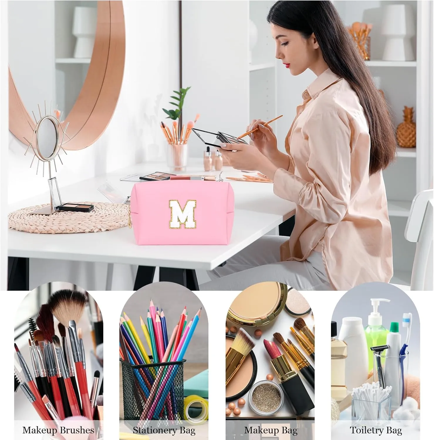 Personalized Initial A-Z PU Cosmetic Bag Zipper Wide Open Makeup Pouch Travel Stuff Bag with Chenille Letter Patch Large Travel Toiletry Organizer Bag for Women (M, Pink)