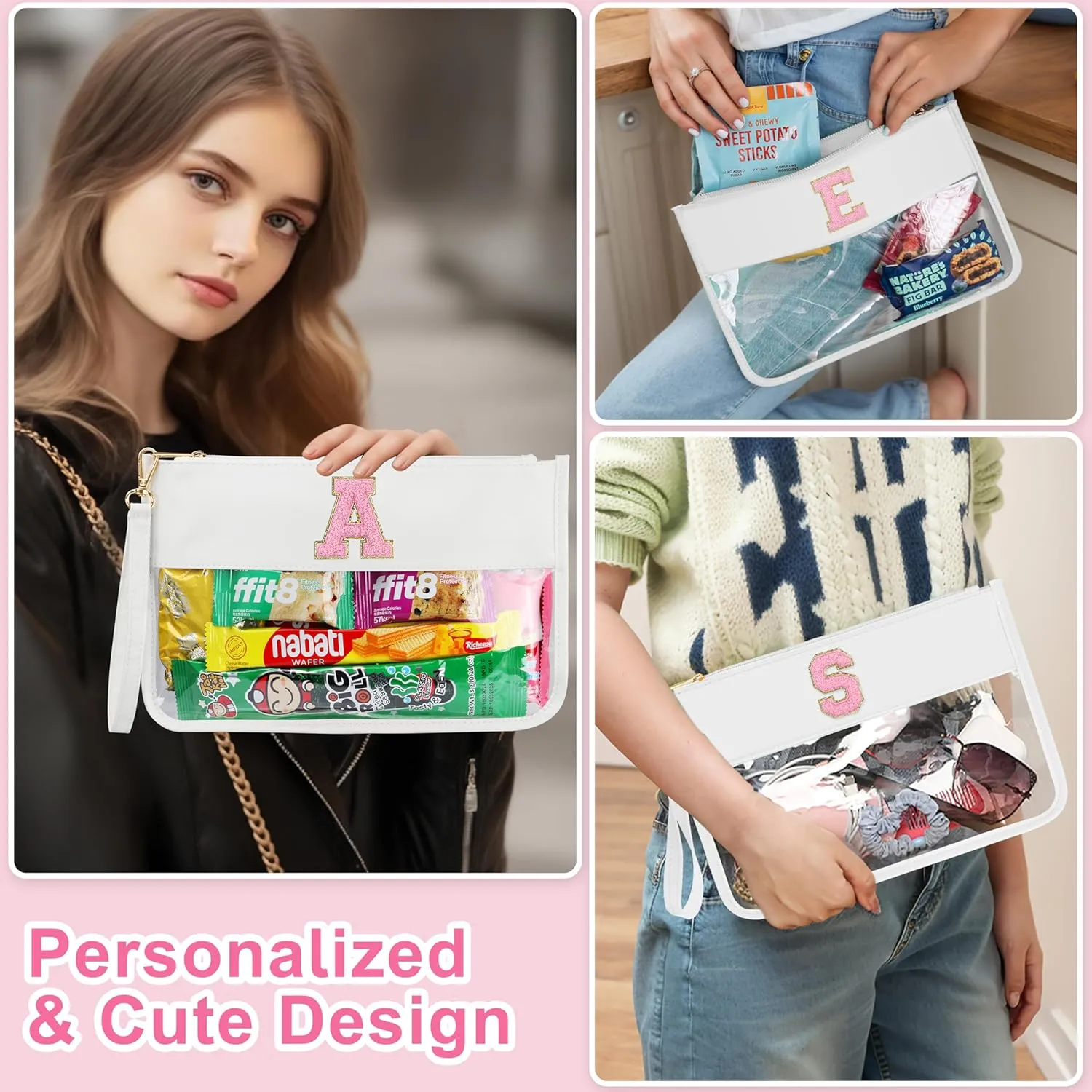 Personalized Initial Letter Clear Makeup Bag, Chenille Varsity Letter Flat Pouch with Zipper, Waterproof Clear PVC&PU Preppy Monogram Patch Travel Cosmetic Toiletry Bags for Teen Girls Women Gifts I