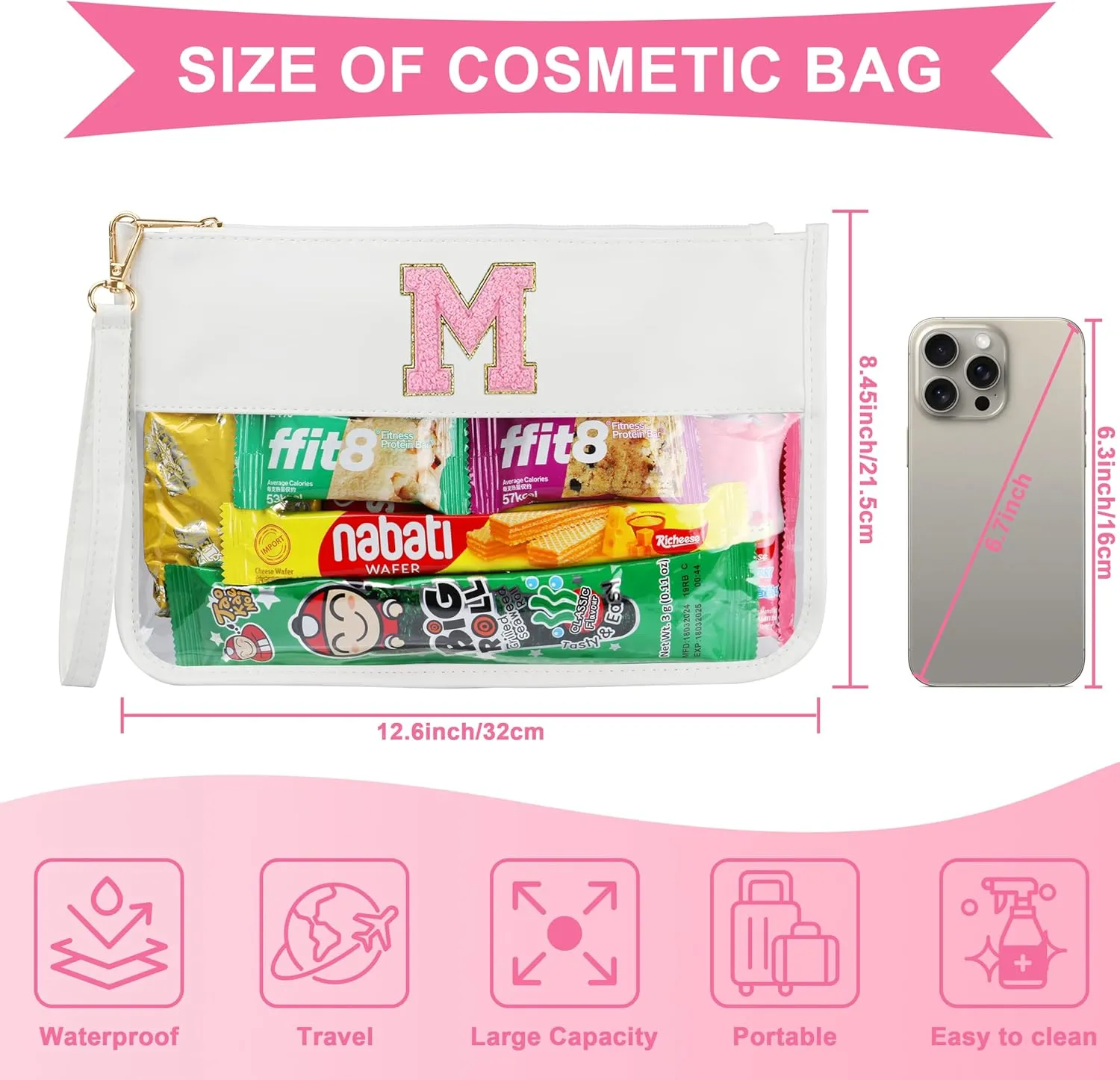 Personalized Initial Letter Clear Makeup Bag, Chenille Varsity Letter Flat Pouch with Zipper, Waterproof Clear PVC&PU Preppy Monogram Patch Travel Cosmetic Toiletry Bags for Teen Girls Women Gifts I