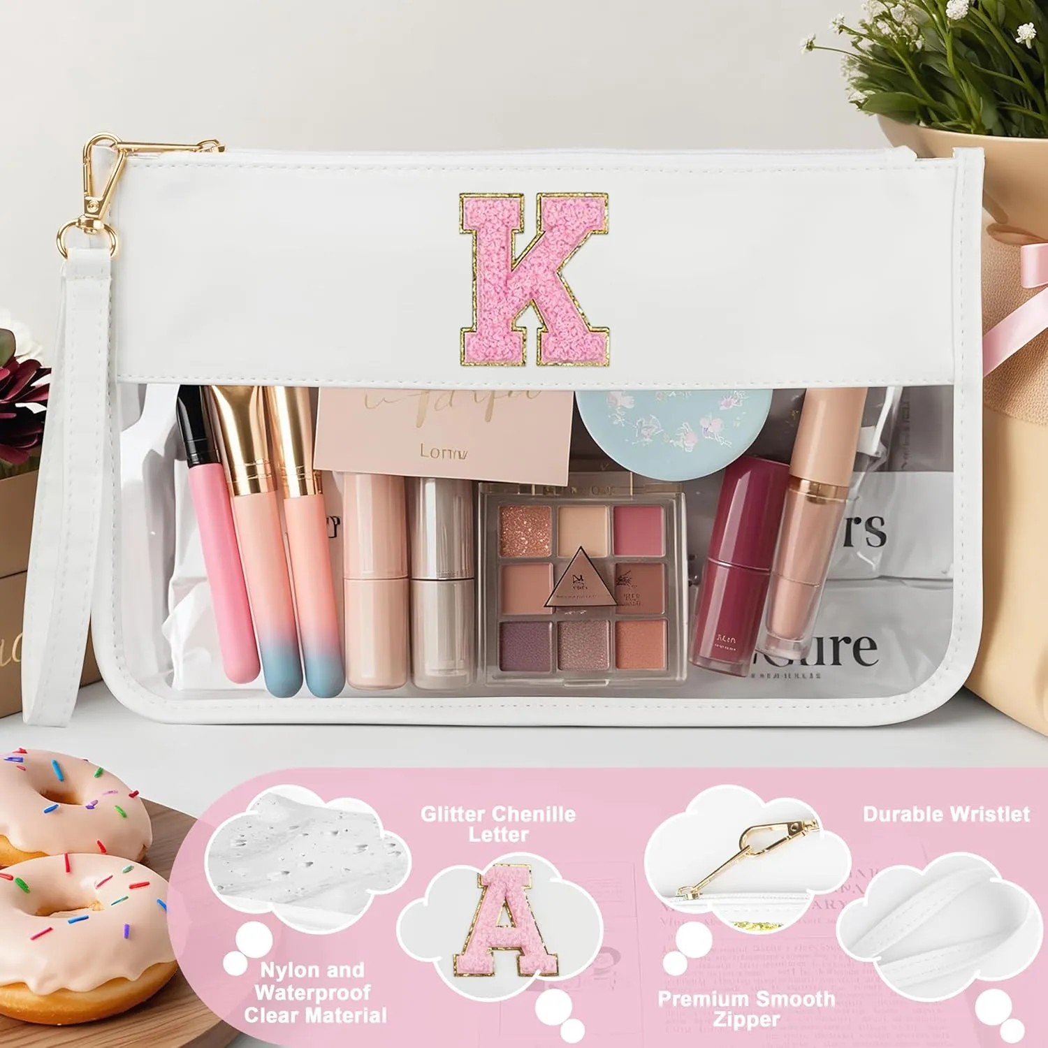 Personalized Initial Letter Clear Makeup Bag, Chenille Varsity Letter Flat Pouch with Zipper, Waterproof Clear PVC&PU Preppy Monogram Patch Travel Cosmetic Toiletry Bags for Teen Girls Women Gifts I