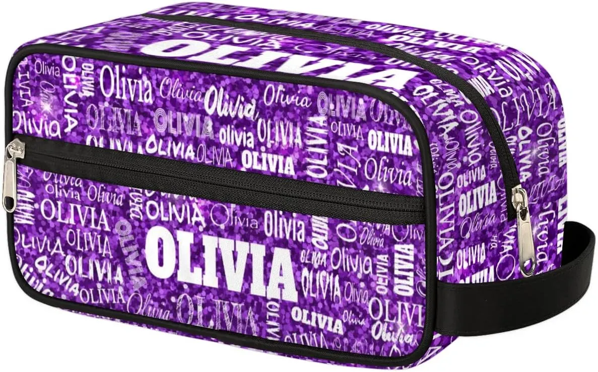 Personalized Makeup Bag with Name, Best Friends Teen Women Mom Birthday Gift Toiletry Travel Bag for Toiletries, Purple Glittering Sequins