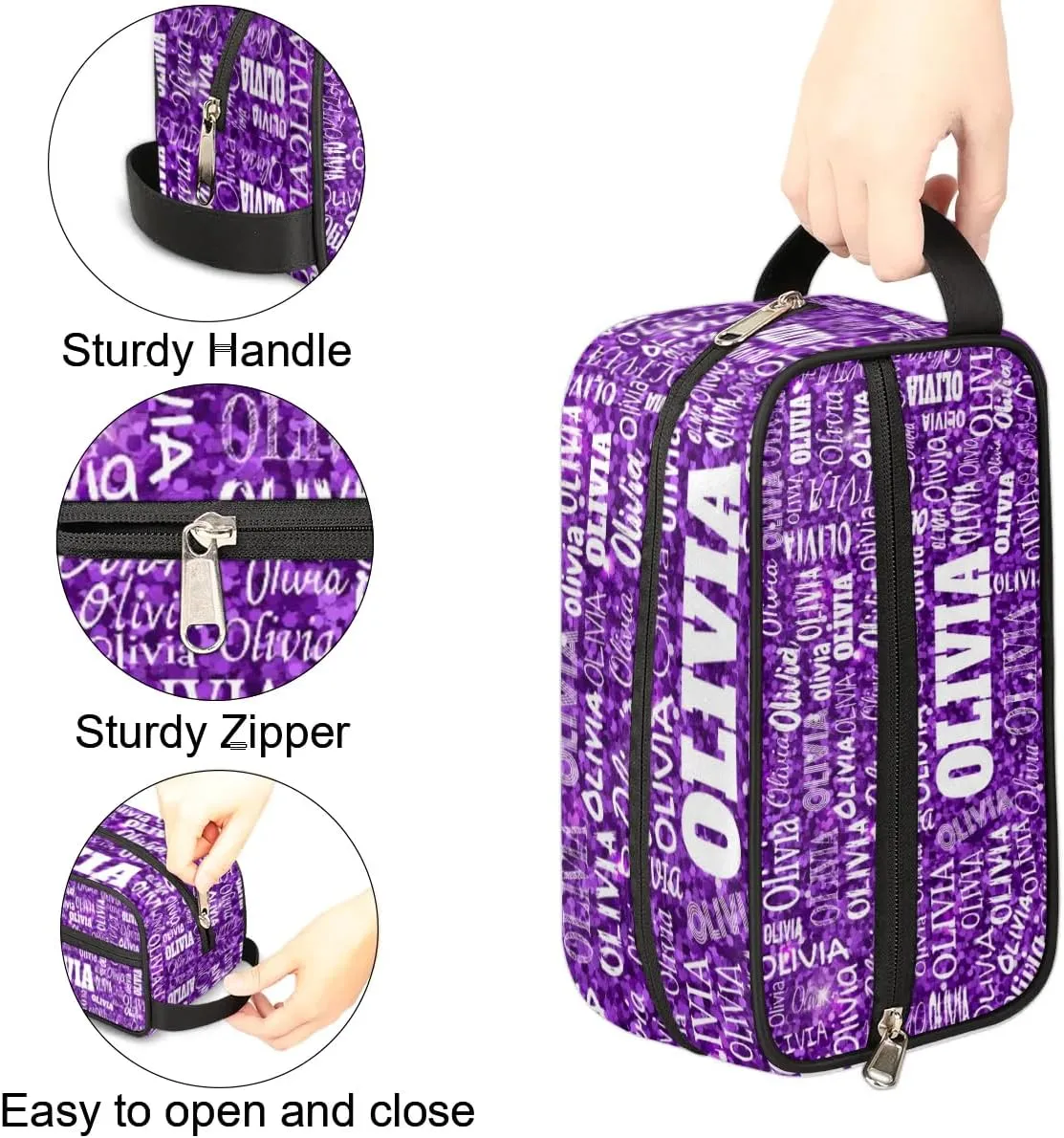 Personalized Makeup Bag with Name, Best Friends Teen Women Mom Birthday Gift Toiletry Travel Bag for Toiletries, Purple Glittering Sequins