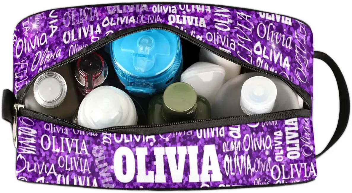Personalized Makeup Bag with Name, Best Friends Teen Women Mom Birthday Gift Toiletry Travel Bag for Toiletries, Purple Glittering Sequins