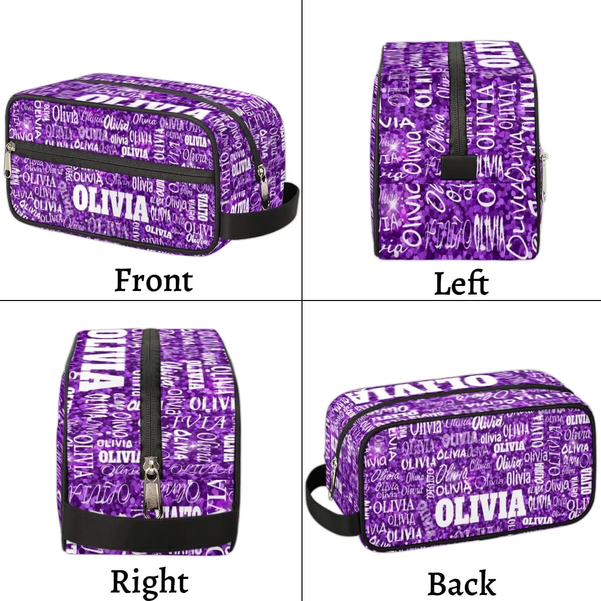 Personalized Makeup Bag with Name, Best Friends Teen Women Mom Birthday Gift Toiletry Travel Bag for Toiletries, Purple Glittering Sequins