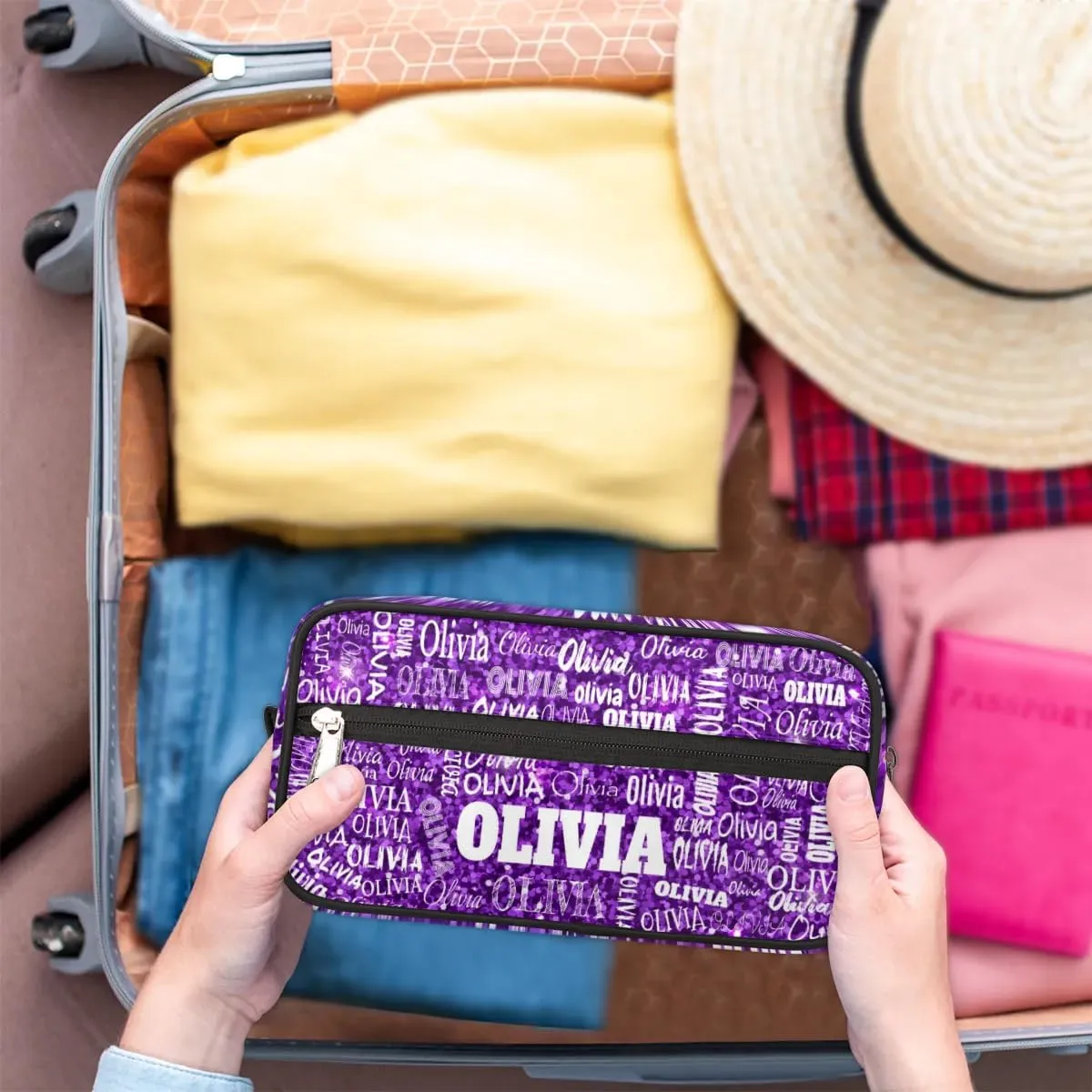 Personalized Makeup Bag with Name, Best Friends Teen Women Mom Birthday Gift Toiletry Travel Bag for Toiletries, Purple Glittering Sequins