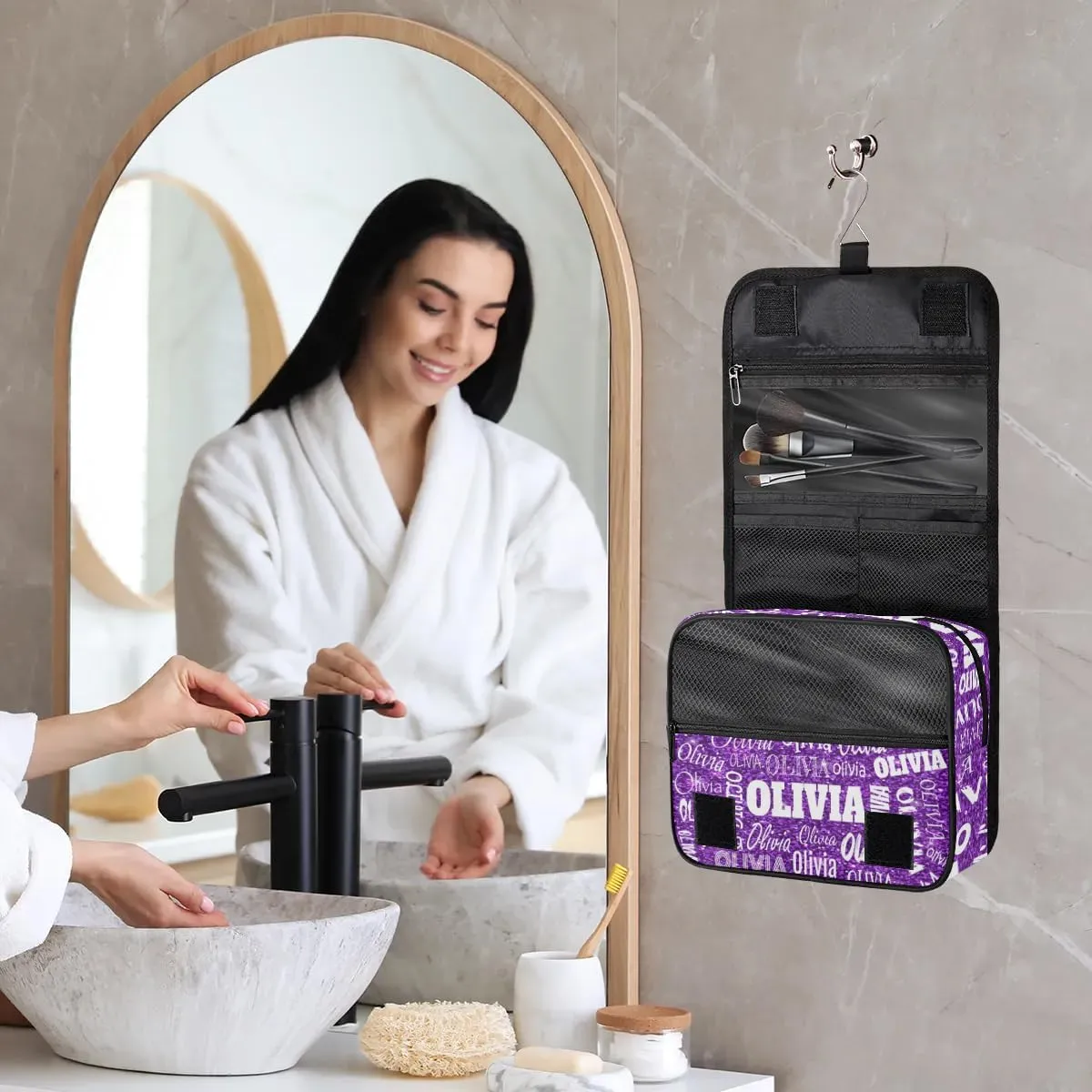 Personalized Name Hanging Toiletry Bag, Large Travel Cosmetic Bag Portable Makeup Organizer Bag for Women Bathroom Shower Essentials, Purple Glittering Sequins