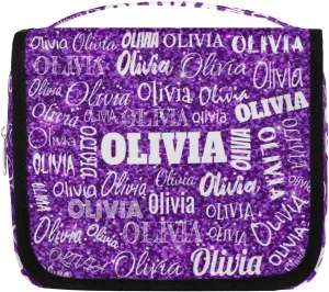 Personalized Name Hanging Toiletry Bag, Large Travel Cosmetic Bag Portable Makeup Organizer Bag for Women Bathroom Shower Essentials, Purple Glittering Sequins