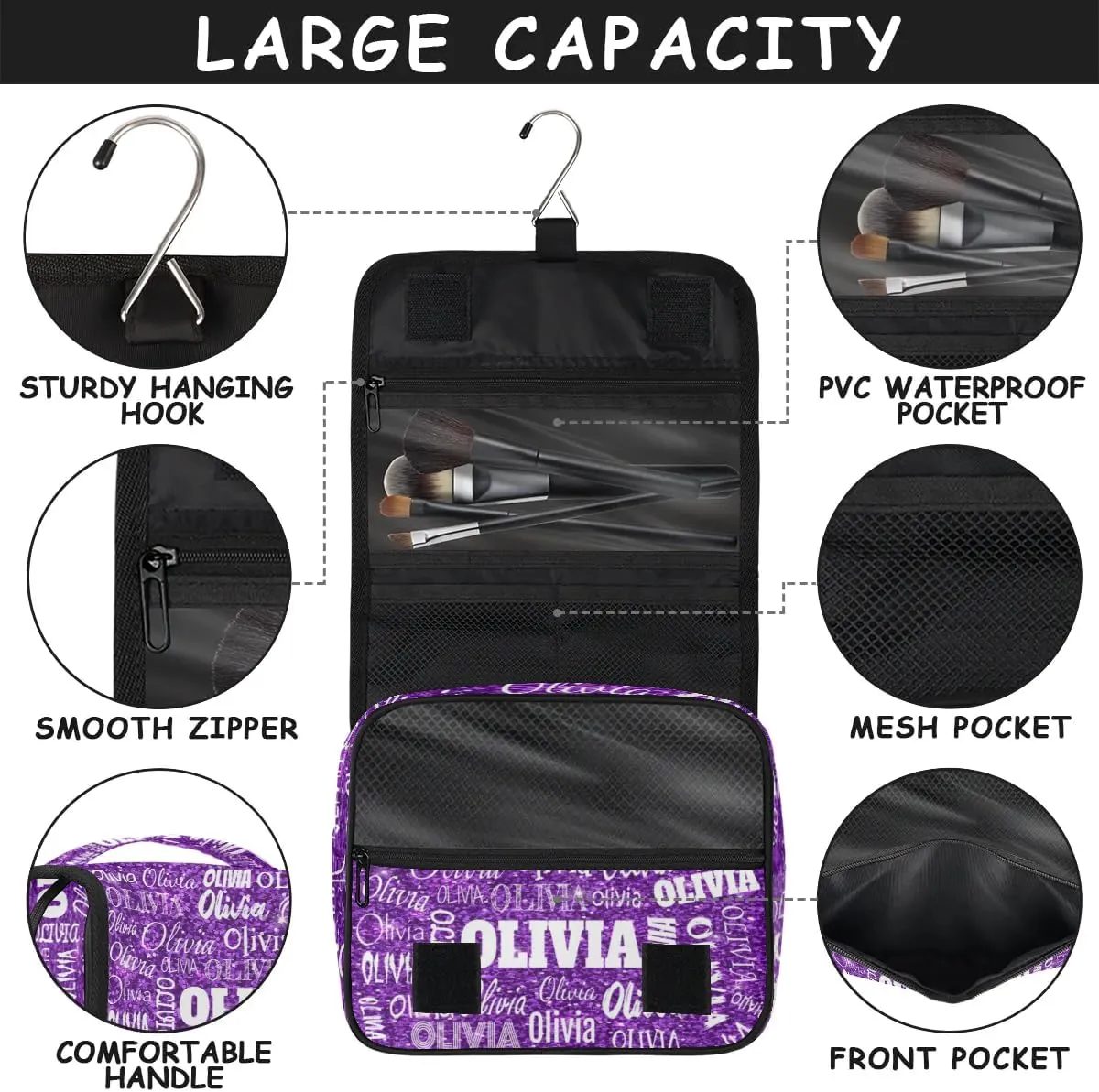 Personalized Name Hanging Toiletry Bag, Large Travel Cosmetic Bag Portable Makeup Organizer Bag for Women Bathroom Shower Essentials, Purple Glittering Sequins