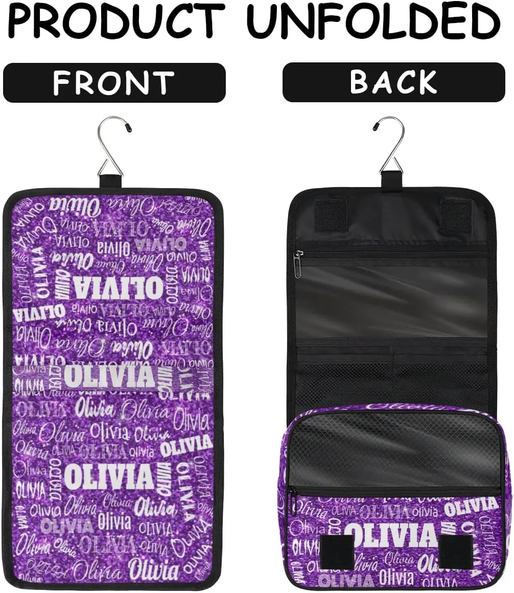 Personalized Name Hanging Toiletry Bag, Large Travel Cosmetic Bag Portable Makeup Organizer Bag for Women Bathroom Shower Essentials, Purple Glittering Sequins