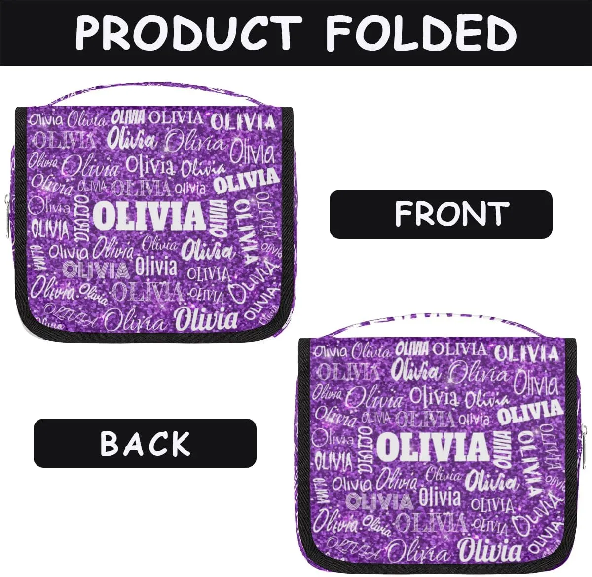 Personalized Name Hanging Toiletry Bag, Large Travel Cosmetic Bag Portable Makeup Organizer Bag for Women Bathroom Shower Essentials, Purple Glittering Sequins