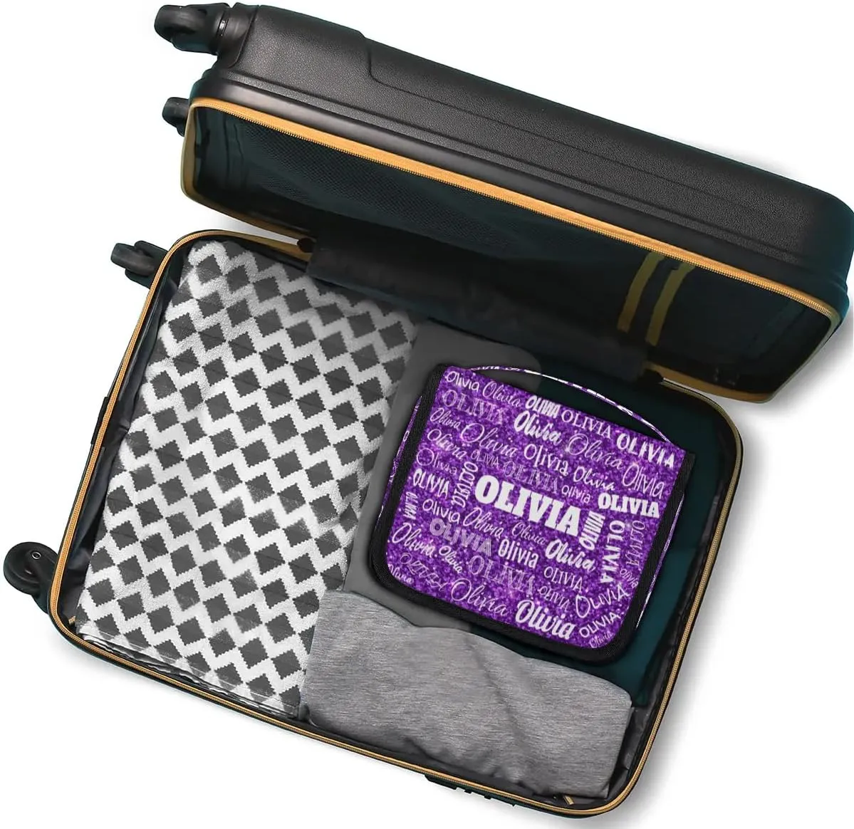 Personalized Name Hanging Toiletry Bag, Large Travel Cosmetic Bag Portable Makeup Organizer Bag for Women Bathroom Shower Essentials, Purple Glittering Sequins