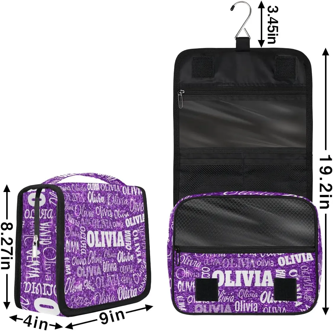 Personalized Name Hanging Toiletry Bag, Large Travel Cosmetic Bag Portable Makeup Organizer Bag for Women Bathroom Shower Essentials, Purple Glittering Sequins