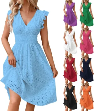 Petite Dresses for Women 5 ft Plus Size Floral Lace Embroidery V-Neck A-Line Midi Dress Breathable Hollow Out Design