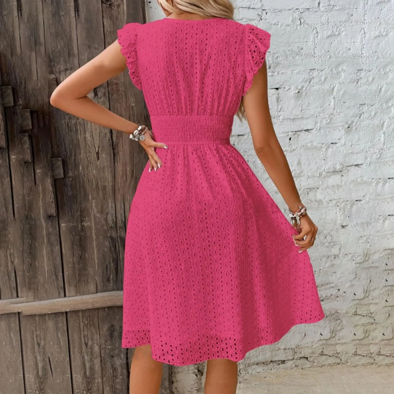 Petite Dresses for Women 5 ft Plus Size Floral Lace Embroidery V-Neck A-Line Midi Dress Breathable Hollow Out Design