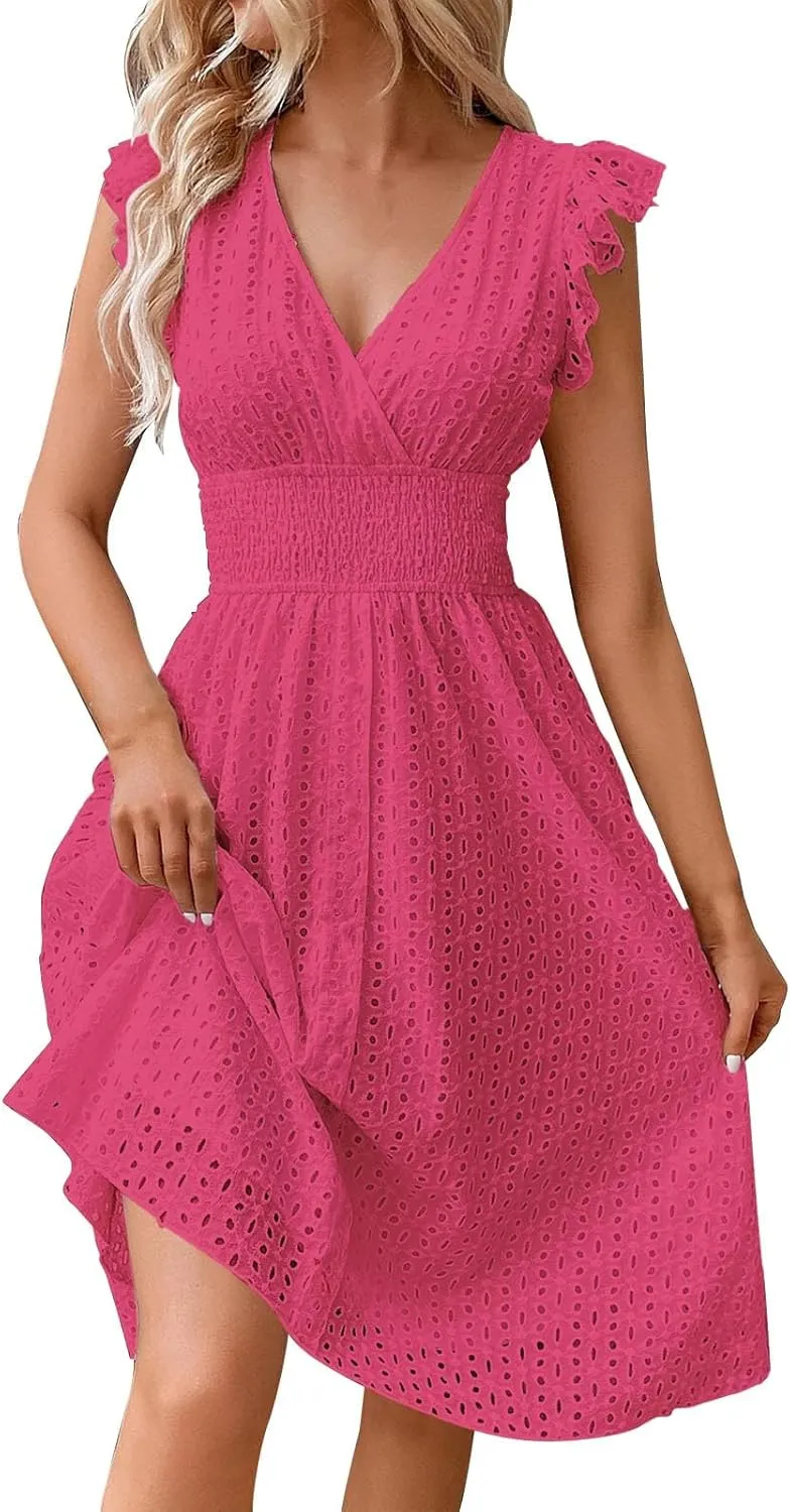 Petite Dresses for Women 5 ft Plus Size Floral Lace Embroidery V-Neck A-Line Midi Dress Breathable Hollow Out Design
