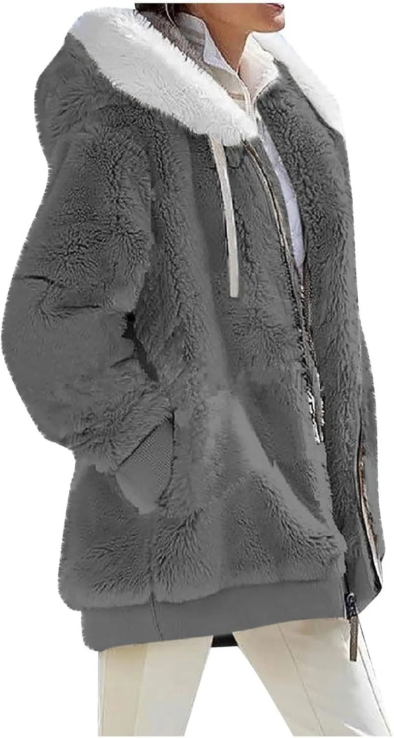 PETYCZEN Winter Jackets for Women Warm Fuzzy Sherpa Lined Plus Size Coats Casual Long Sleeve Zip Up Fleece Jacket Outerwear
