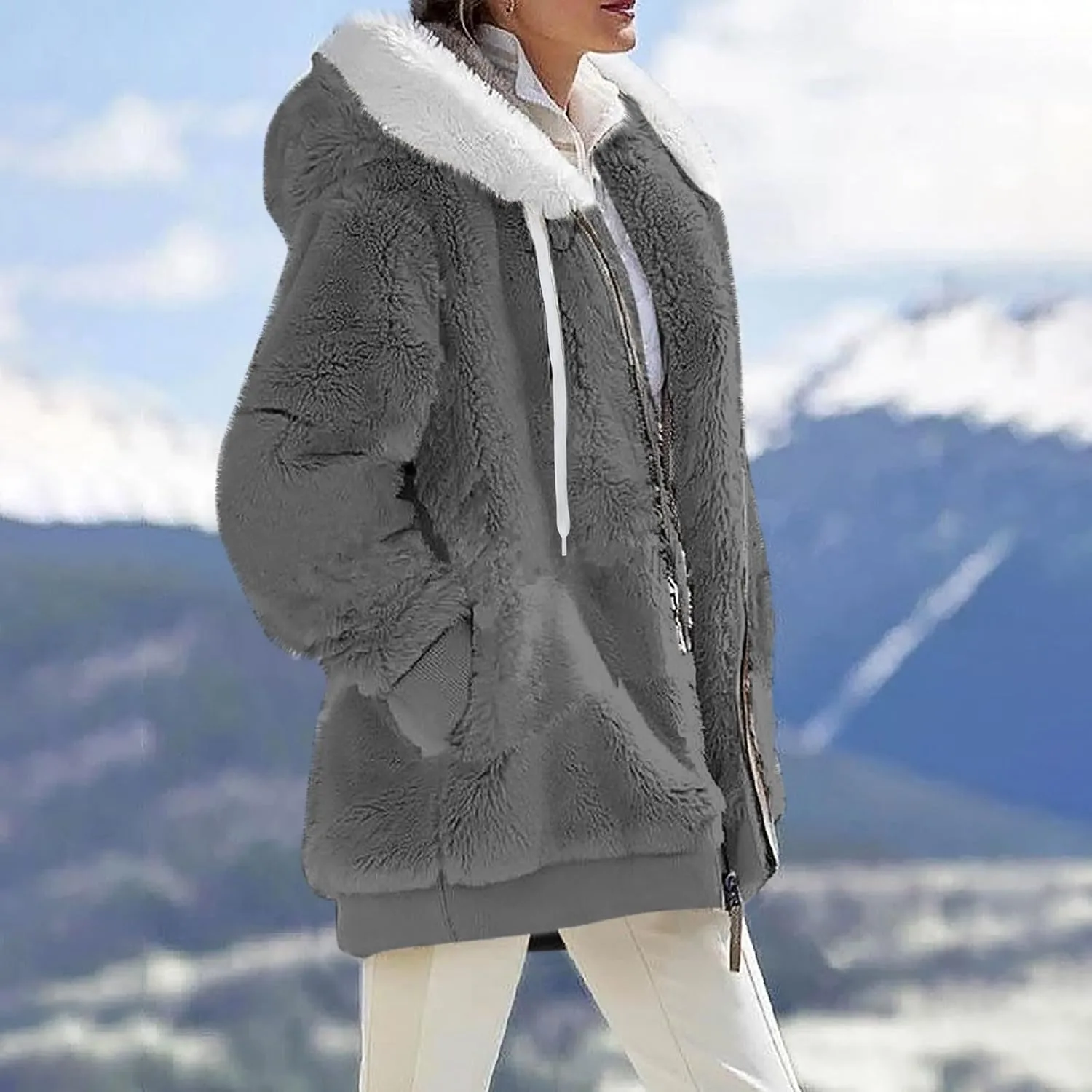 PETYCZEN Winter Jackets for Women Warm Fuzzy Sherpa Lined Plus Size Coats Casual Long Sleeve Zip Up Fleece Jacket Outerwear