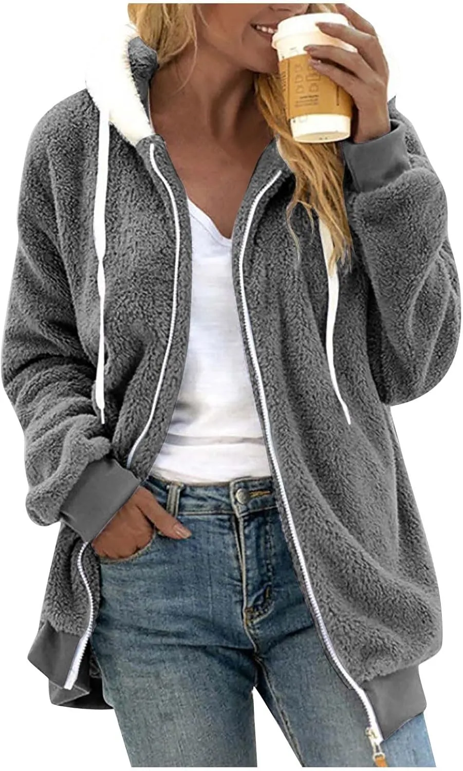 PETYCZEN Winter Jackets for Women Warm Fuzzy Sherpa Lined Plus Size Coats Casual Long Sleeve Zip Up Fleece Jacket Outerwear
