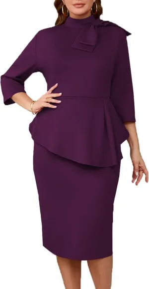 Plus Size Dress for Curvy Women Semi Formal Cocktail Party Midi Dress Bodycon Long Sleeve Bow Ruffle Pencil Dresses