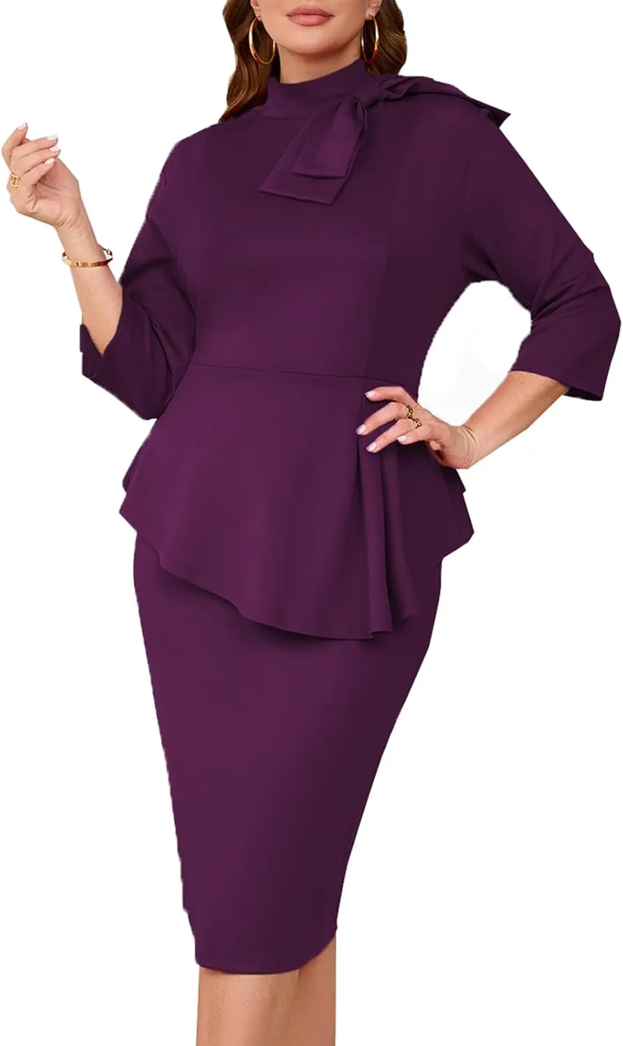 Plus Size Dress for Curvy Women Semi Formal Cocktail Party Midi Dress Bodycon Long Sleeve Bow Ruffle Pencil Dresses