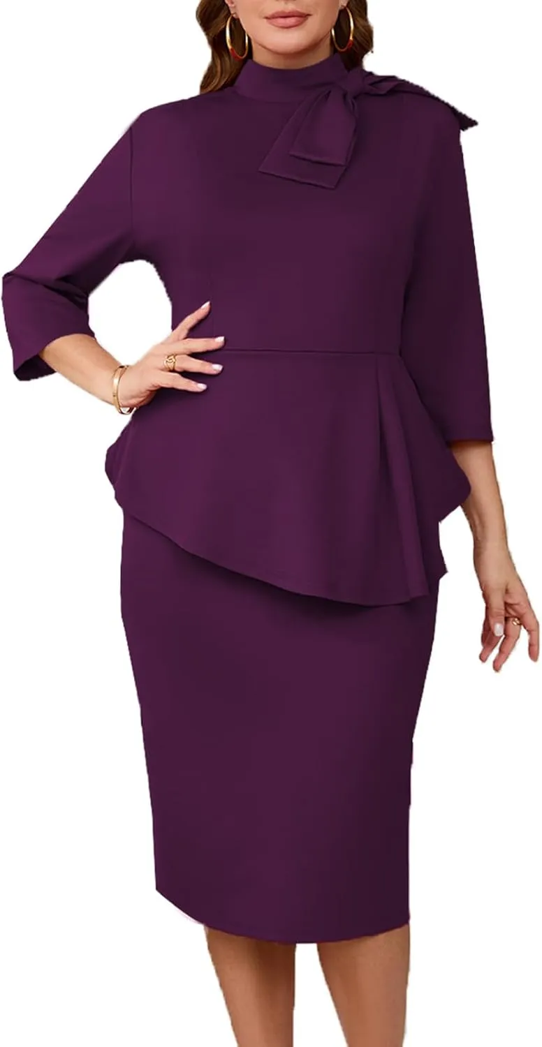 Plus Size Dress for Curvy Women Semi Formal Cocktail Party Midi Dress Bodycon Long Sleeve Bow Ruffle Pencil Dresses