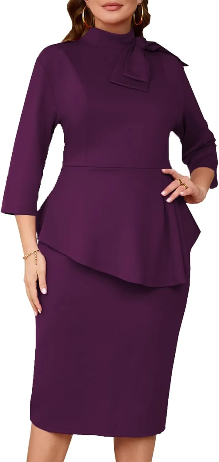 Plus Size Dress for Curvy Women Semi Formal Cocktail Party Midi Dress Bodycon Long Sleeve Bow Ruffle Pencil Dresses