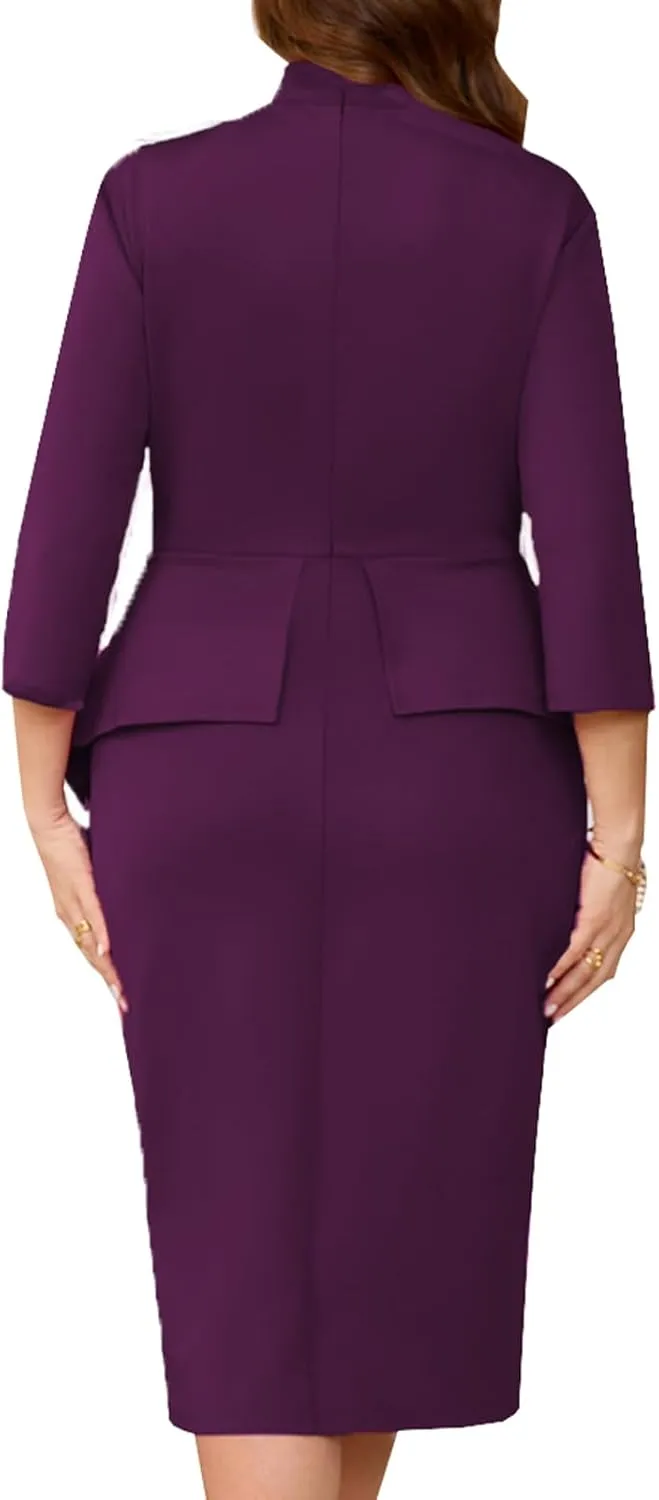 Plus Size Dress for Curvy Women Semi Formal Cocktail Party Midi Dress Bodycon Long Sleeve Bow Ruffle Pencil Dresses