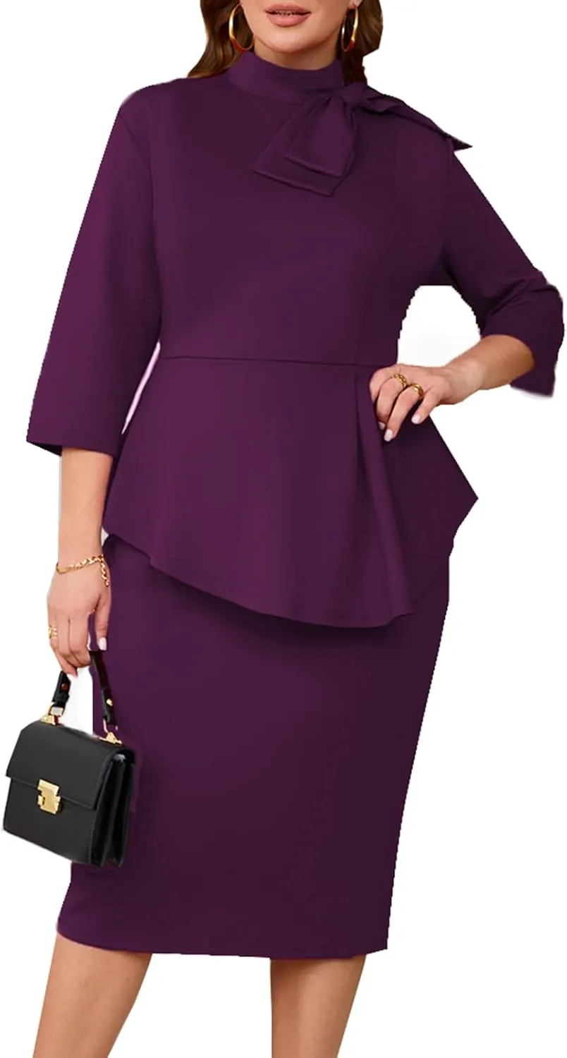 Plus Size Dress for Curvy Women Semi Formal Cocktail Party Midi Dress Bodycon Long Sleeve Bow Ruffle Pencil Dresses
