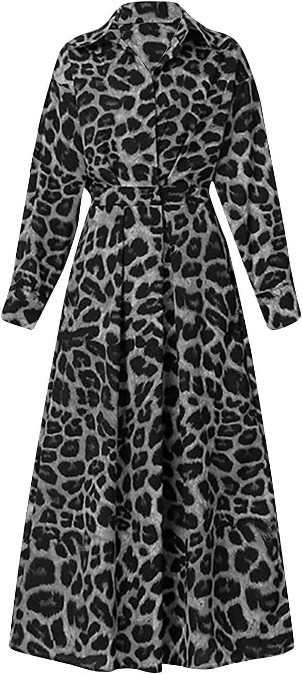 Plus Size Dresses for Curvy Women Long Sleeve Leopard Print Empire Waist Button Up Maxi Dress Causal Ruffle Dresses