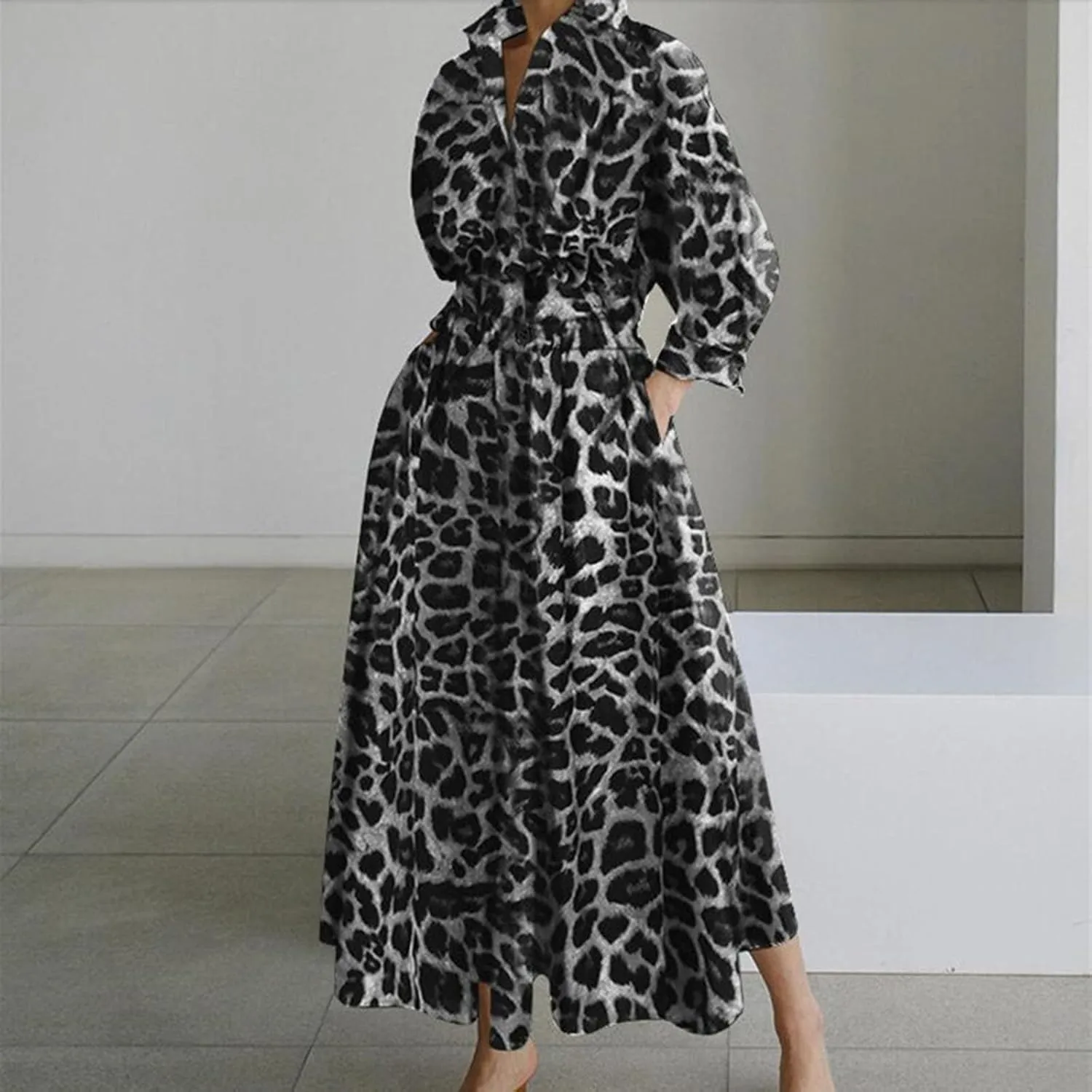 Plus Size Dresses for Curvy Women Long Sleeve Leopard Print Empire Waist Button Up Maxi Dress Causal Ruffle Dresses